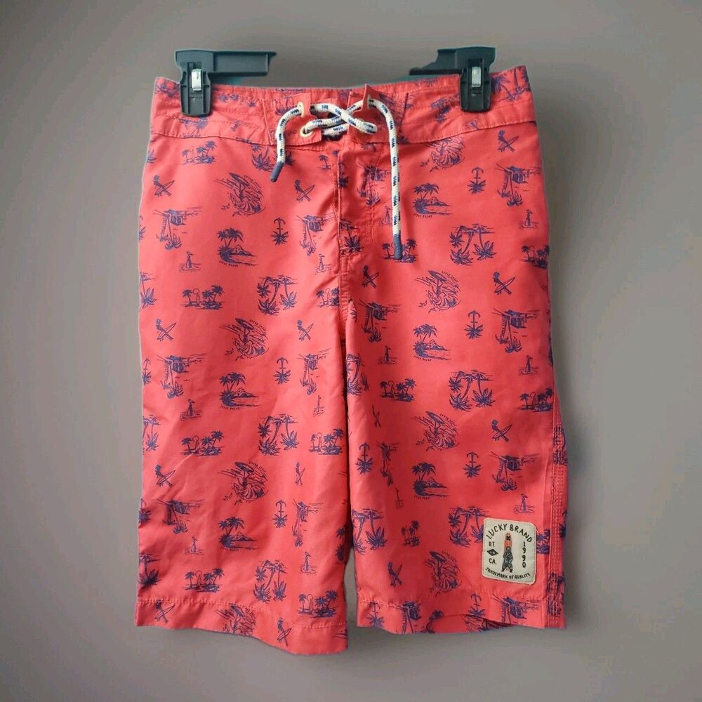 Lucky Brand Boys Size 14 Board Shorts Tropical Surf Beach Swim Trunks Coral